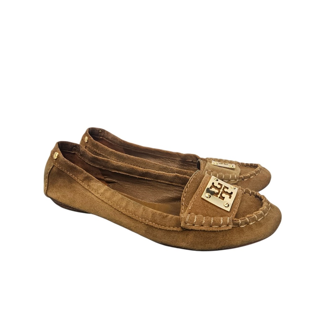 Tory Burch Suede Driver Mocs Size 8.5 Brown Gold Tone Metal Logo Preppy Boho